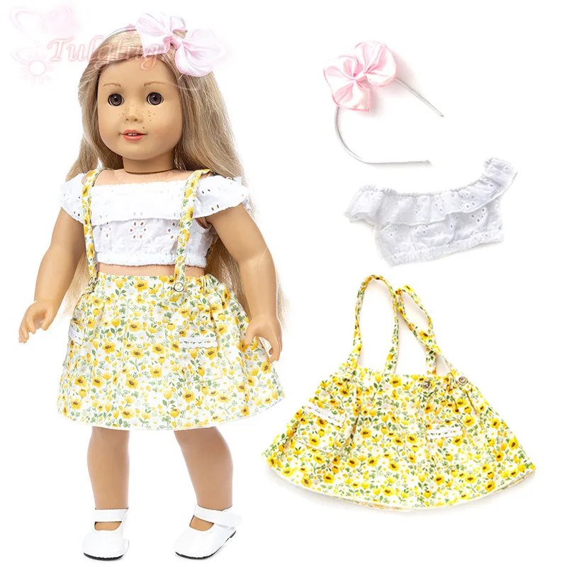 

Pastoral Style Set Hair Hoop+Shoulder T-shirt+Braces Skirt Suit Wear Fit 43cm Baby New Born Doll,18inch Doll Clothes Accessories