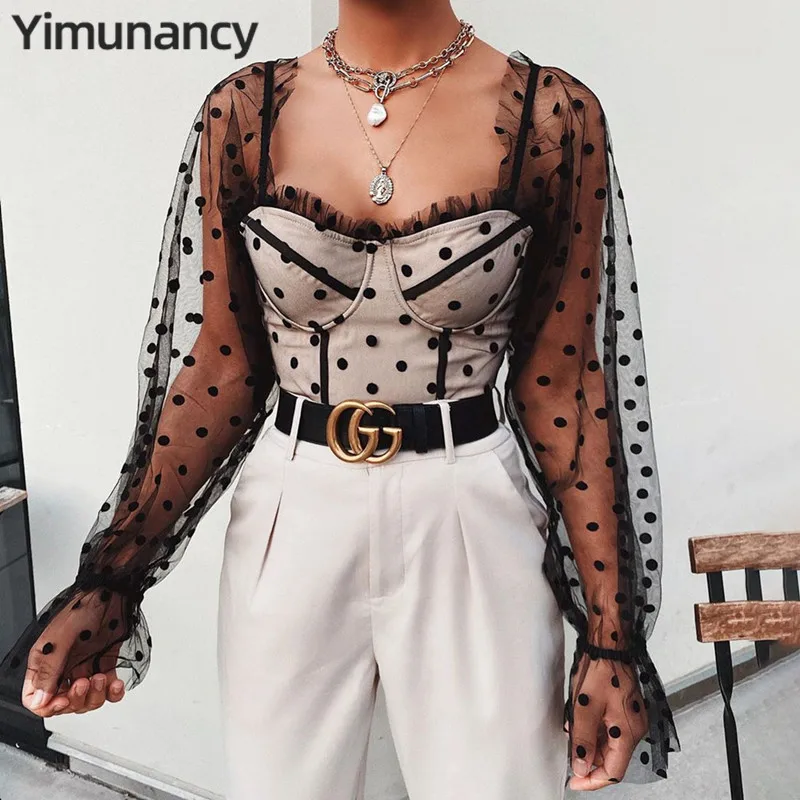Yimunancy топ в горошек Женский сетчатый укороченный стиле пэчворк весна 2020 женская