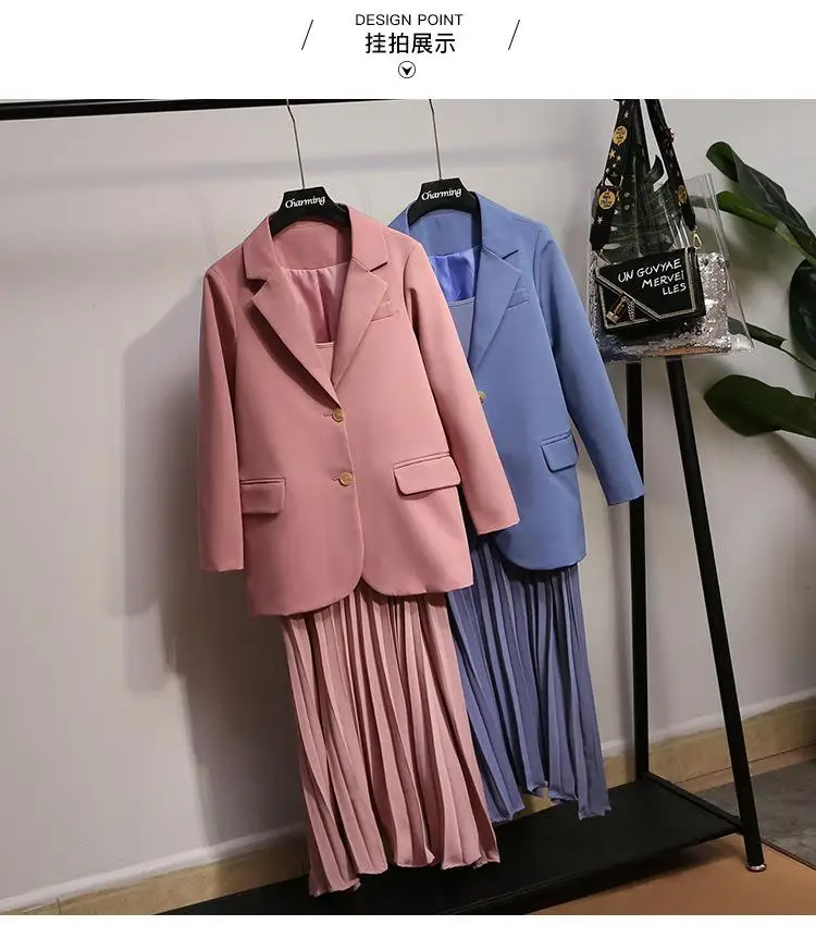 XL-5XL, женский костюм из двух предметов большого размера, Блейзер, осенне-зимний офисный костюм, Женская куртка+ плиссированное платье на бретелях, комплекты платьев больших размеров