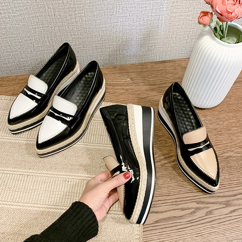 

ISNOM Patent Leather Platform Flats Straw Weaves Slip On Shoes Elegant Wedges Summer Flats