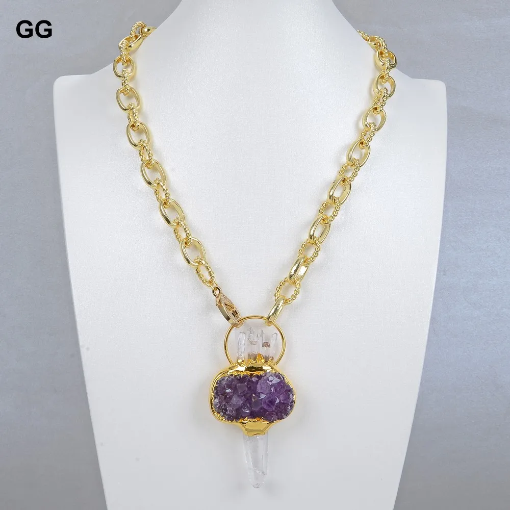

GuaiGuai Jewelry Natural Purple Amethysts Quartzs Druzy Pendant Necklace Gold Color Plated Chain Necklace 20" For Women
