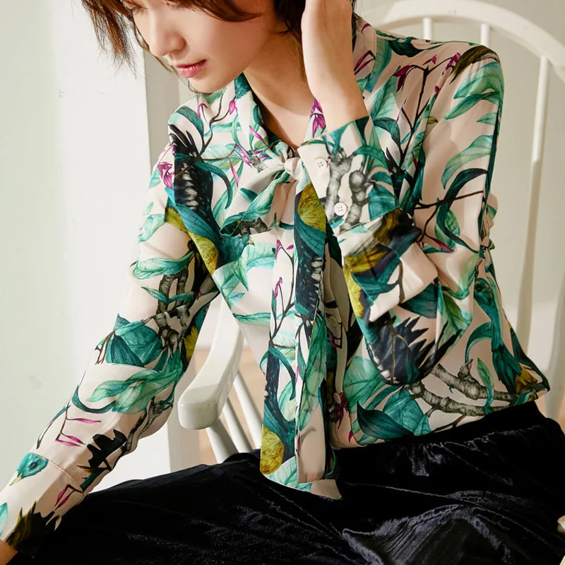 

Китайская ветрозащитная одежда, новый сезон, шелковая рубашка с принтом цветов и птиц и бантом, шелковая рубашка с длинными рукавами
