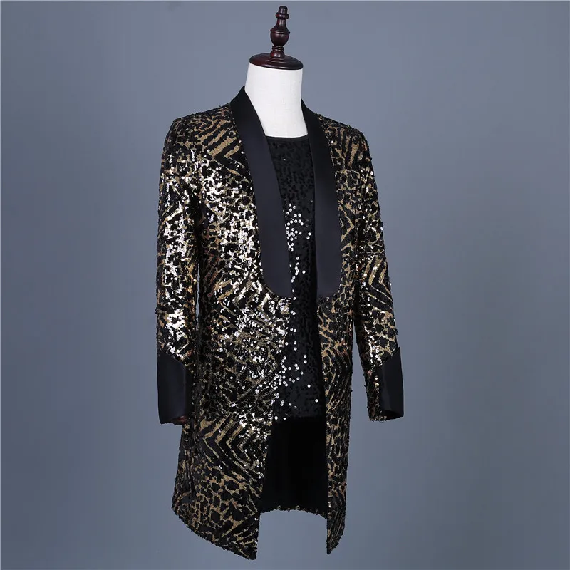Мужской блейзер с блестками длинное пальто леопардовым принтом для выступлений