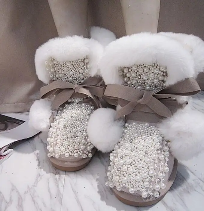 

BONJEAN Fashion Handmade Winter Boots Round Toe White Pearls Beaded Flat Snow Boots Crystal Flower Warm Fur Shoes