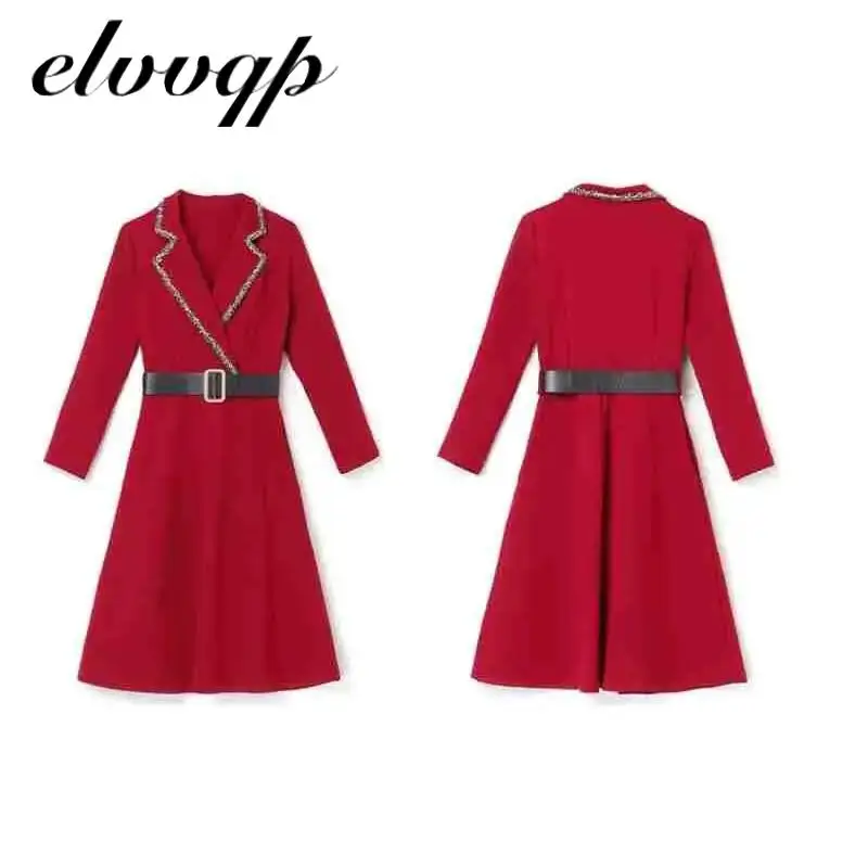 

Women Vintage Sashes A-line Party Midi Dress Long Sleeve Notched Collar Solid Casual Elegant Dress 2020 Autumn New Fashion Dress