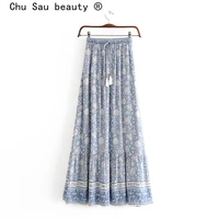 chu sau beauty new fashion boho vintage print midi skirts women holiday style elastic waist tassel ladies long skirt