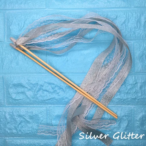 Silver Glitter Lace 50 шт. свадебные ленты палочки скручивающаяся лента для танцев реквизит лента на палочке с кружевом DIY Свадьба День Рождения Вечеринка подарки - Цвет: Silver Glitter Lace