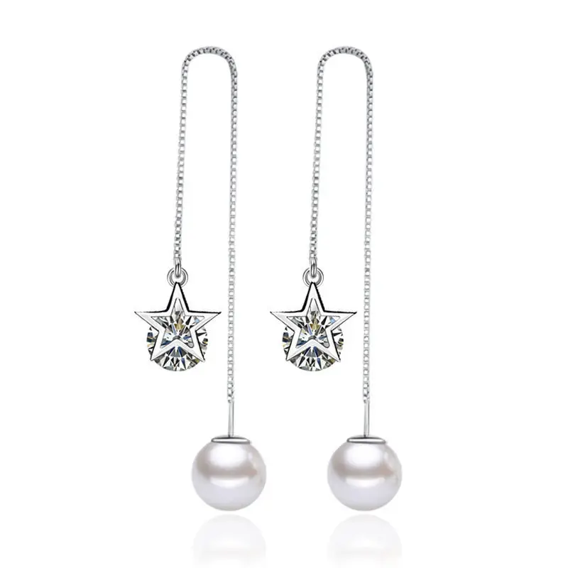 

Korean version of tassel pearl earrings long female simple temperament wild ear chain five-pointed star zircon pearl earring ear