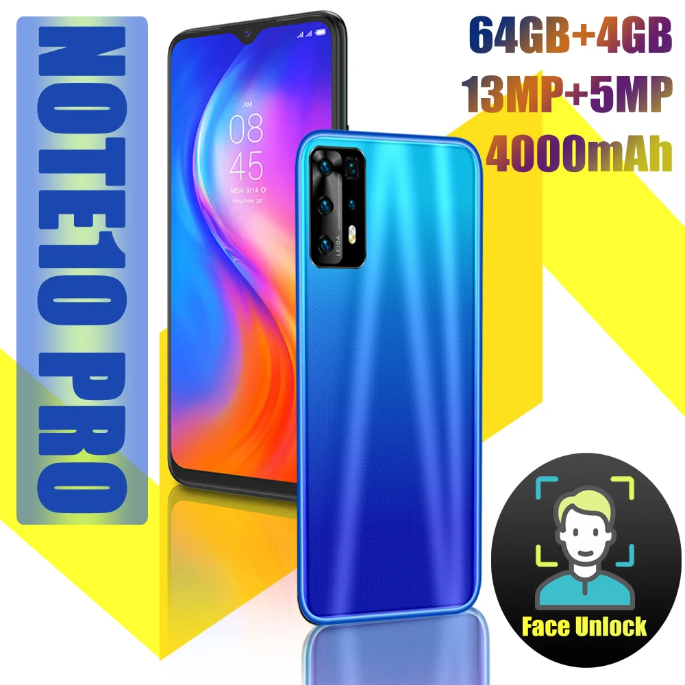 

Note10Pro Smartphone 4000mAh Android7.0 Phone 4GB+64GB Featured Phone 13MP Full Screen Cheap Cellphone Face unlock Realme Celula