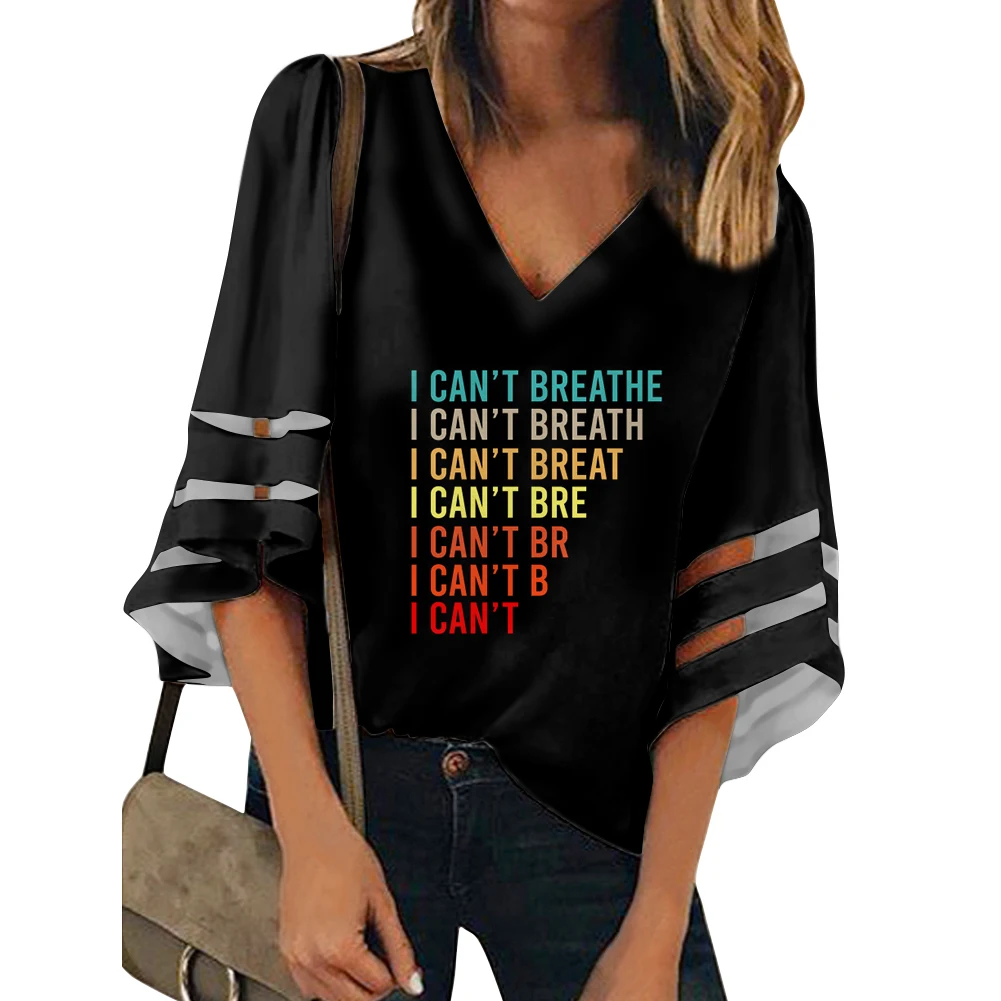 

Custom I can't breathe Print Women Blouse V-neck Bell Sleeves Ladies Chiffon Shirts Mesh Patchwork Tops