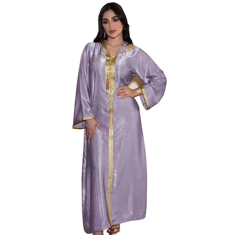 

Middle East New Style Long Skirt Dubai Champagne Hooded Lace Suede Robe Muslim Robe Women Ramadan Robe