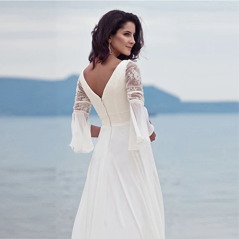 2020 Pure Color White Long Sleeve Dresses Woman Party Night Backless V Neck Maxi Runway Dress Summer Lace A-Line Zipper Vestido | Женская