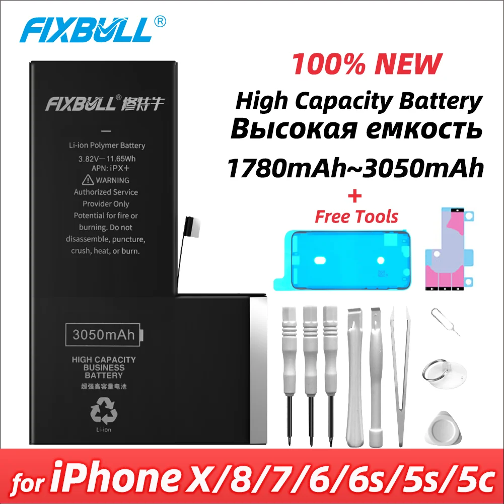 Аккумулятор FIXBULL для Apple iPhone X 8 7 6 6S 5S 5C, литиевая батарея большой емкости для iPhone X, iPhone 6, iPhone 7, набор инструментов бесплатно