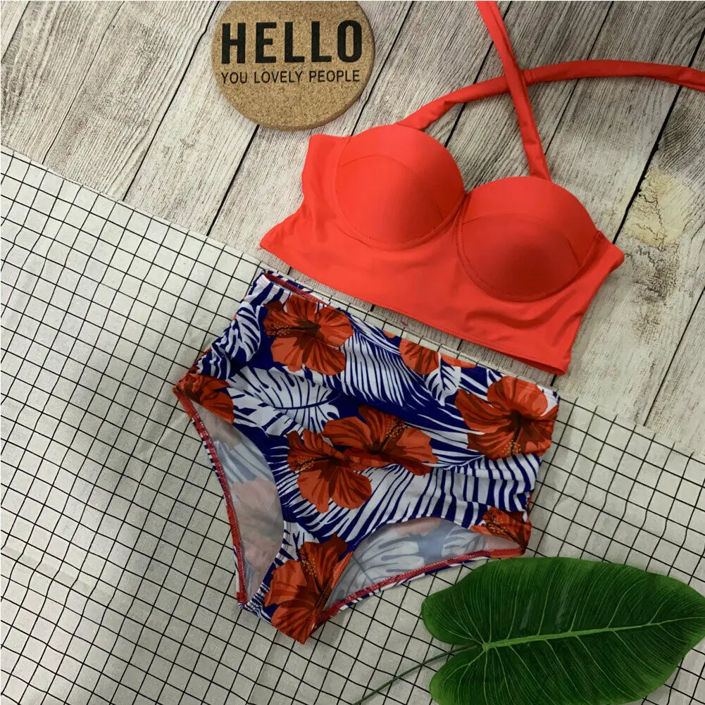 

Meihuida 2 PCS Sweet Sets Sexy Women Push-up Padded Bikini Set Flower Print Halter Bathing Suit Beachwear Swimwear Swimsuit