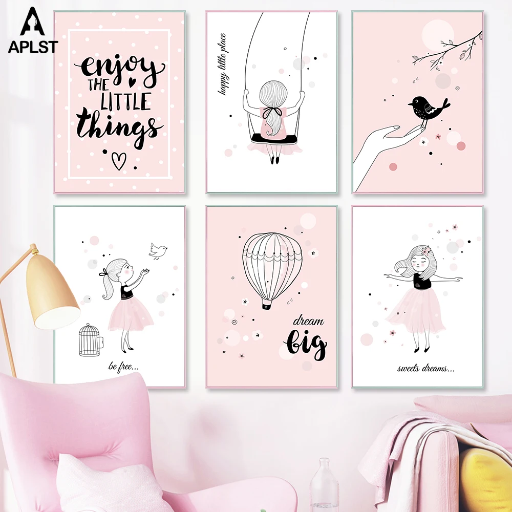 Детский Розовый декор принцессы свободного покроя с птица плакат шар мечта