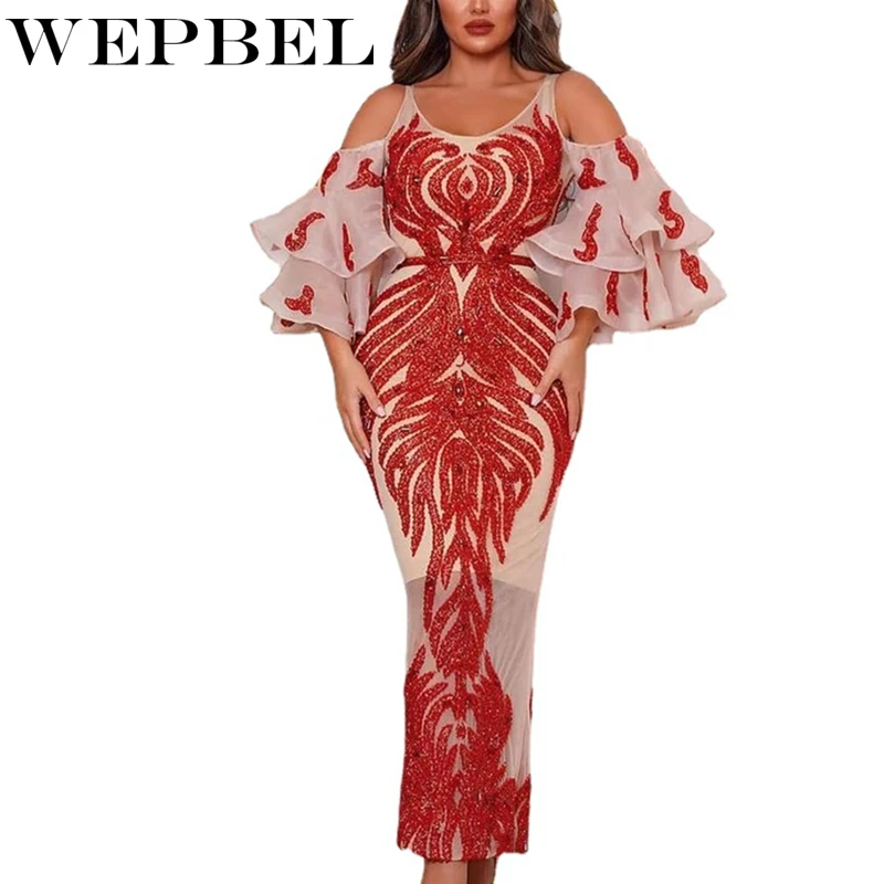 

WEPBEL Women Sexy Sequins Pencil Dress Ladies Ruffles Sleeve O Neck Party Dress Evening Dress Bride Dress