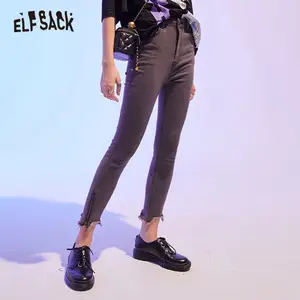 ELFSACK серые; Однотонные; С высокой талией вымытые повседневные джинсы-карандаши для женщин 2020 осень эльф черного цвета в Корейском стиле; Женская обувь на каждый день Базовая джинсовые штаны