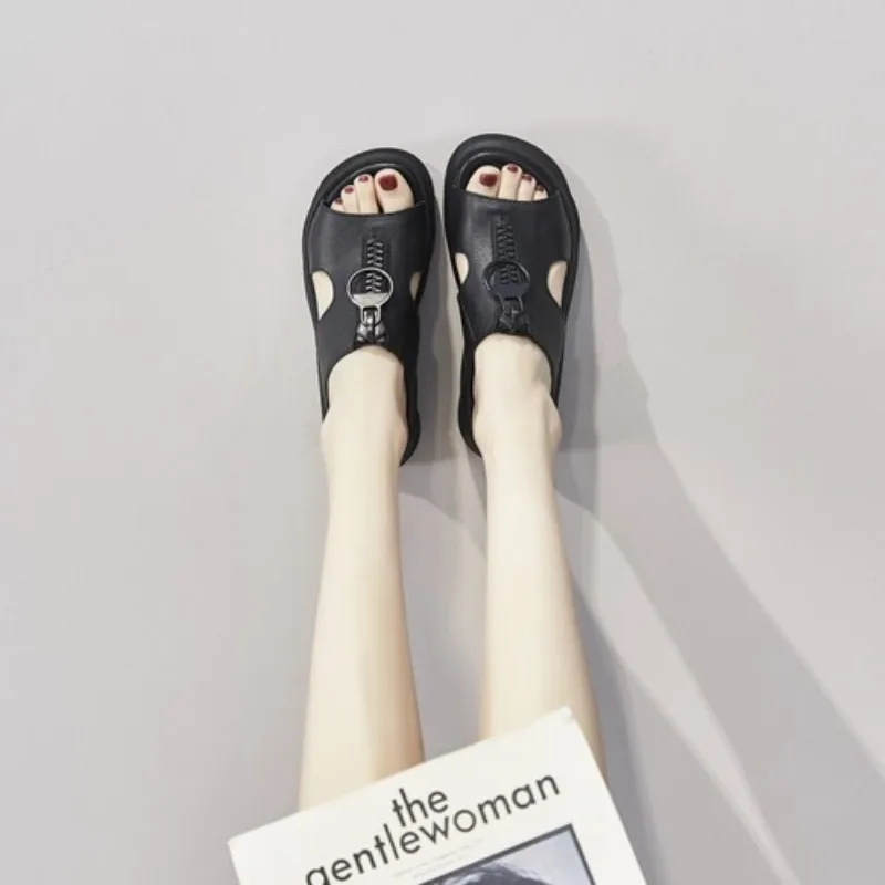 

Black Platform Sandals Women Street Genuine Leather Peep Toe Slippers Summer Zip Design Outdoor Beach Sandals Zapatos De Mujer