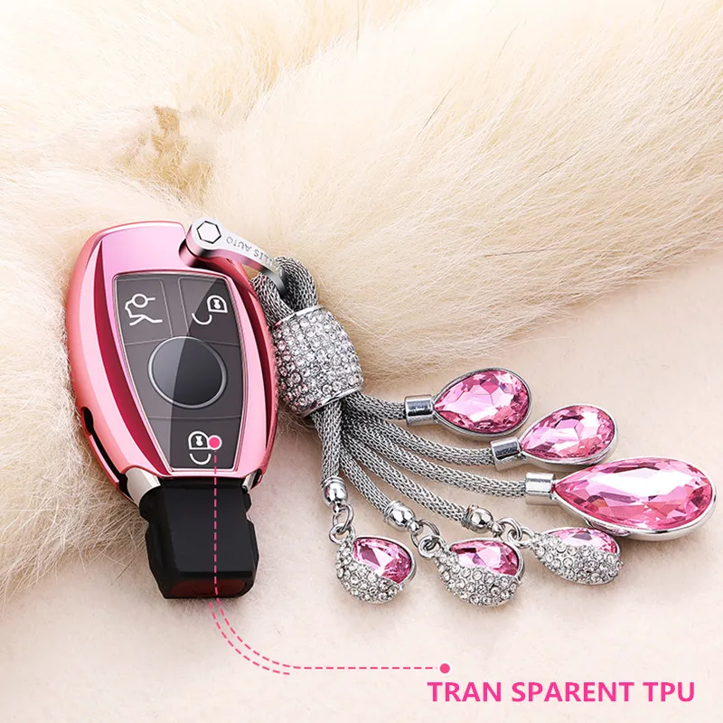 

Full-Protective TPU Soft Car Key Case Shell Key Holder Key Covers For Benz A/B/C/E/S CLASS GLC/GLA Artificial Crystal Pendant