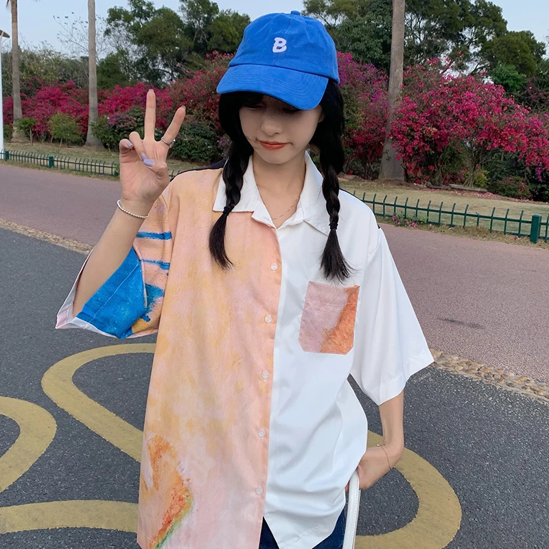 

Chiffon Loose Women's Blouses New Casual Blouse Fashion Short Sleeve Top Splicing Buttons Pocket Polo Shirt Summer Houthion