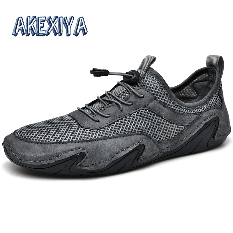 

Hot Summer Men's Casual Shoes Genuine Leather Mesh Breathable Men's Sneakers Leather Outdoor Non-slip Men's Moccasins Plus Size