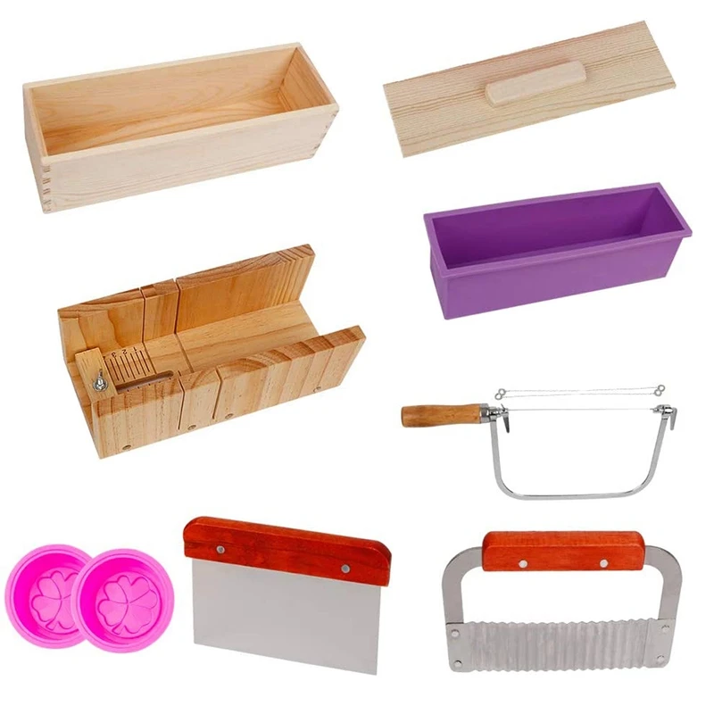 

HOT 9PCS Silicone Soap Molds Kit,Rectangular Wooden Silicone Soap Mold Cutter SlicerHandmade Soap DIY for Soap Cake Making