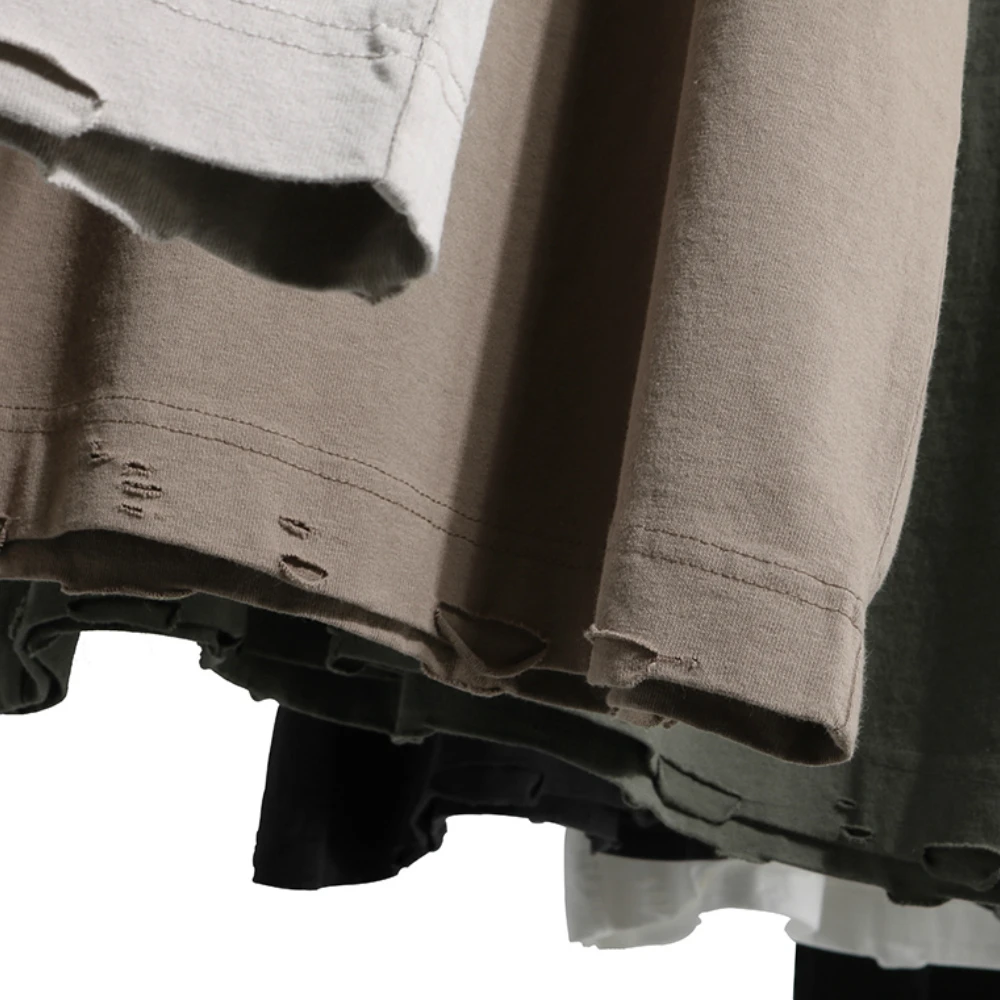 

Summer Vintage Heavy Cotton Ripped T-shirt Relaxed fit Short Sleeve Raglan Tops Hip Hop Garment-Wash Tee Streetwear