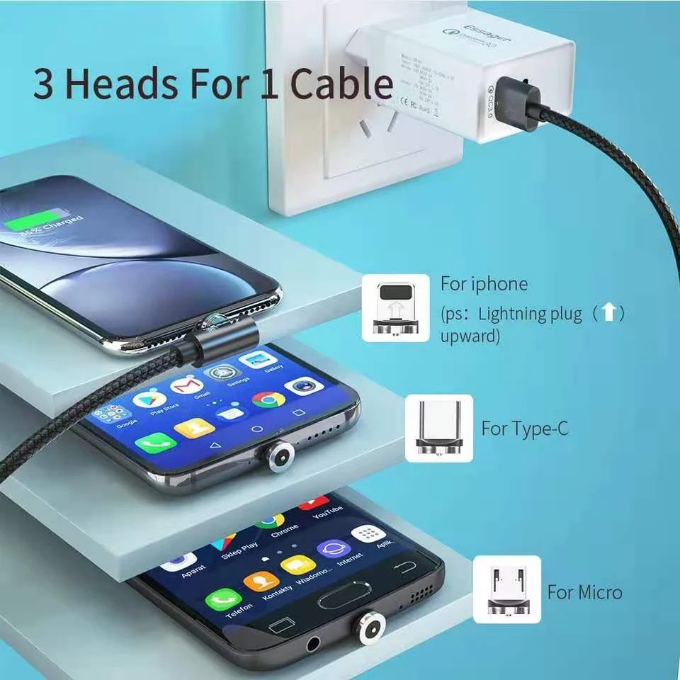 

3 in 1 Fast Charging Magnetic Cables Micro USB Type C for Samsung S10 S9 USB C 360 Rotation Magnet Cord for iPhone 12 11 Pro Max