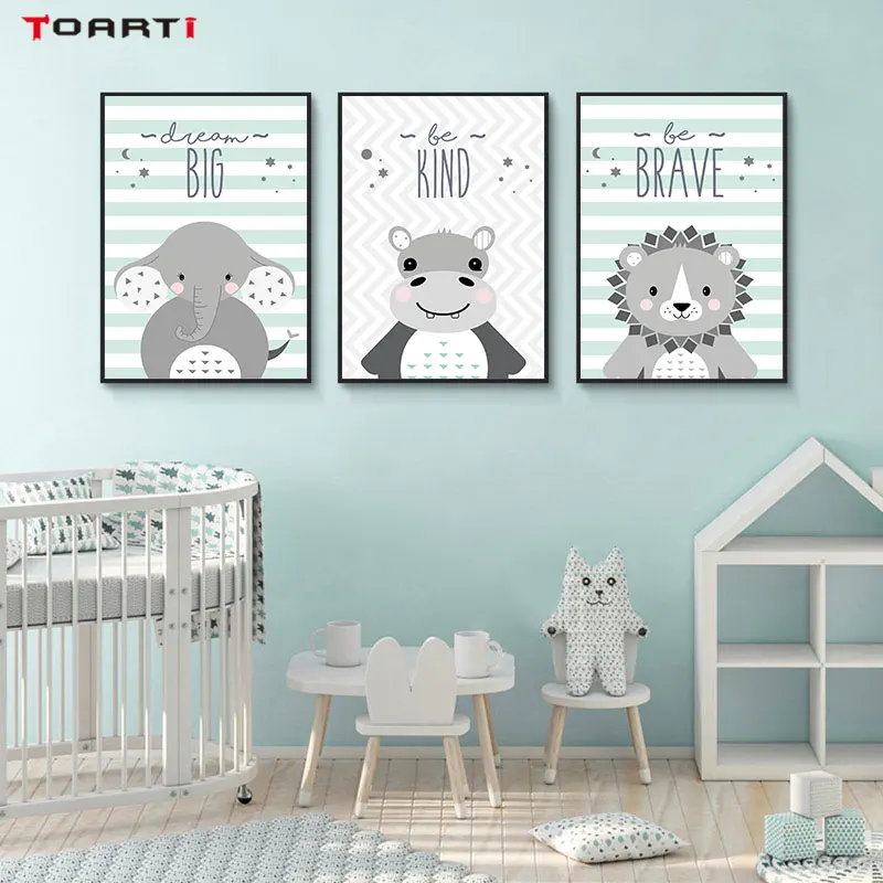 Мультфильм Животные Лев ПЕЧАТЬ Плакаты дети картина с цитатой отважный вид буквы