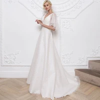 glitter luxury wedding dress v neck half sleeves backless bridal gown for bride floor length vestido de noche 2022 a line
