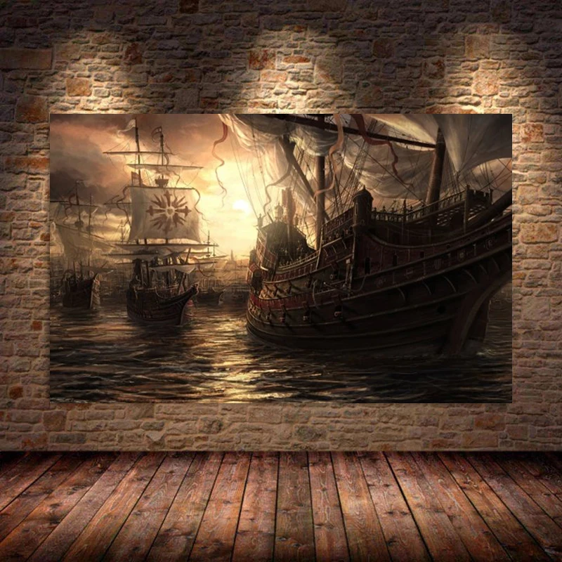 Винтажный Черный парусный корабль морской пейзаж пиратский холст картины