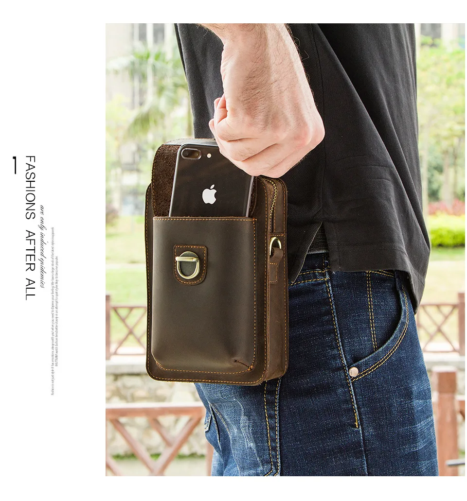 Cowhide men's one-shoulder diagonal bag retro crazy horse leather phone belt bag