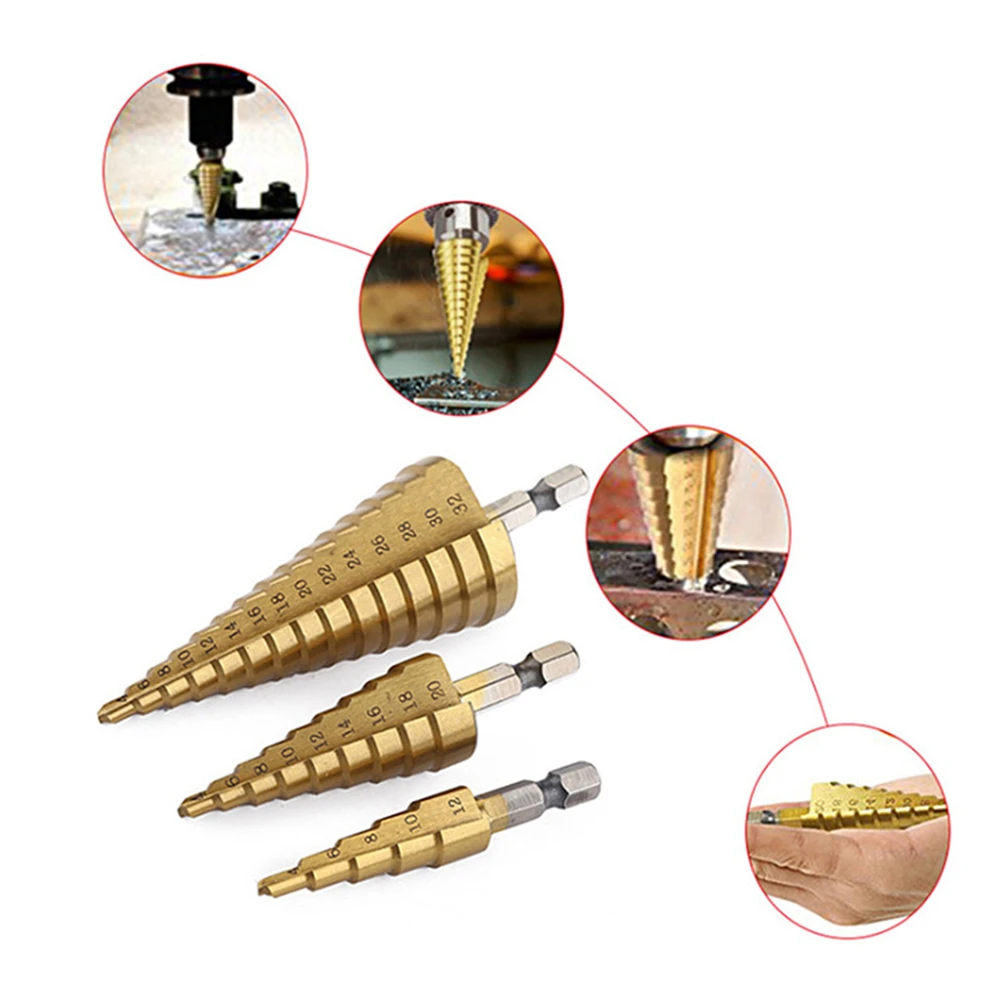Набор ступенчатых Сверл из быстрорежущей стали комплект 3 насадок с шестигранным
