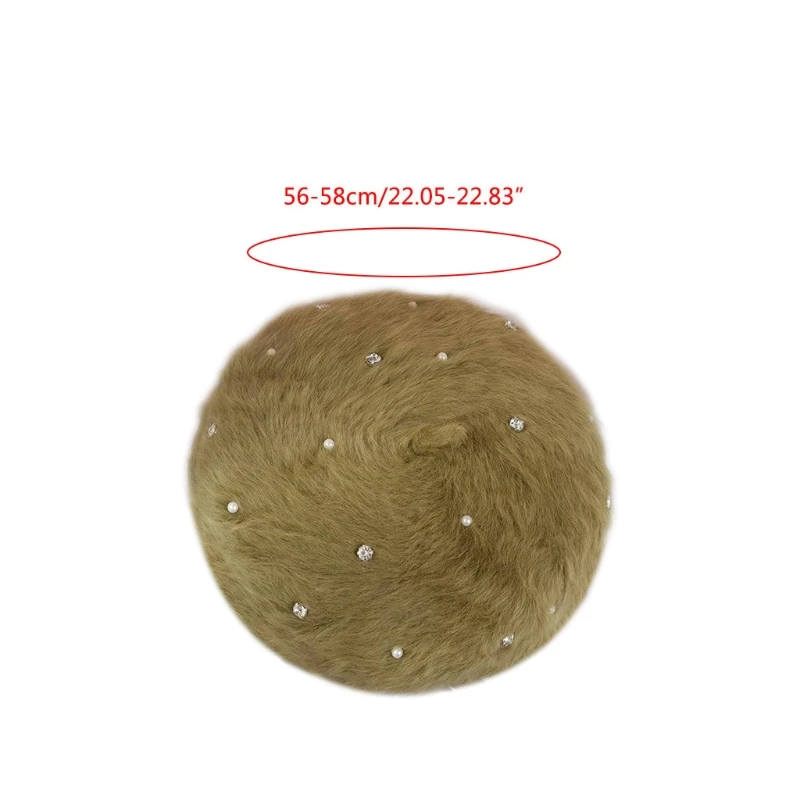 

Women Winter Fuzzy Plush Beret Cap Rhinestone Pearl Beading Painter Beanie Hat