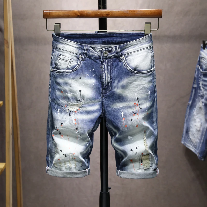 

Fashion Painted Splash Ink Distressed Denim Shorts Men Vintage Frayed Five-Point Pants Casual Slim Breathable Male Jeans Shorts