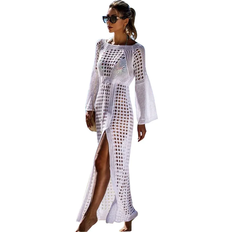 

Kalenmos Sexy Knitted Swimwears with Flared Sleeves Holiday Solid Color Mesh Split and Ankle Swimwear Sunscreen Cover-Ups
