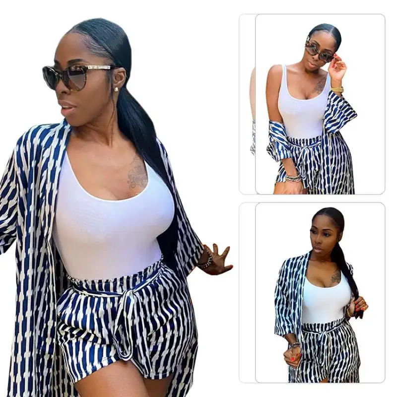 

2021 Summer New Fashion Printed Long-Sleeved Cardigan with Bow Belt Temperament Commuter 2-Piece Set