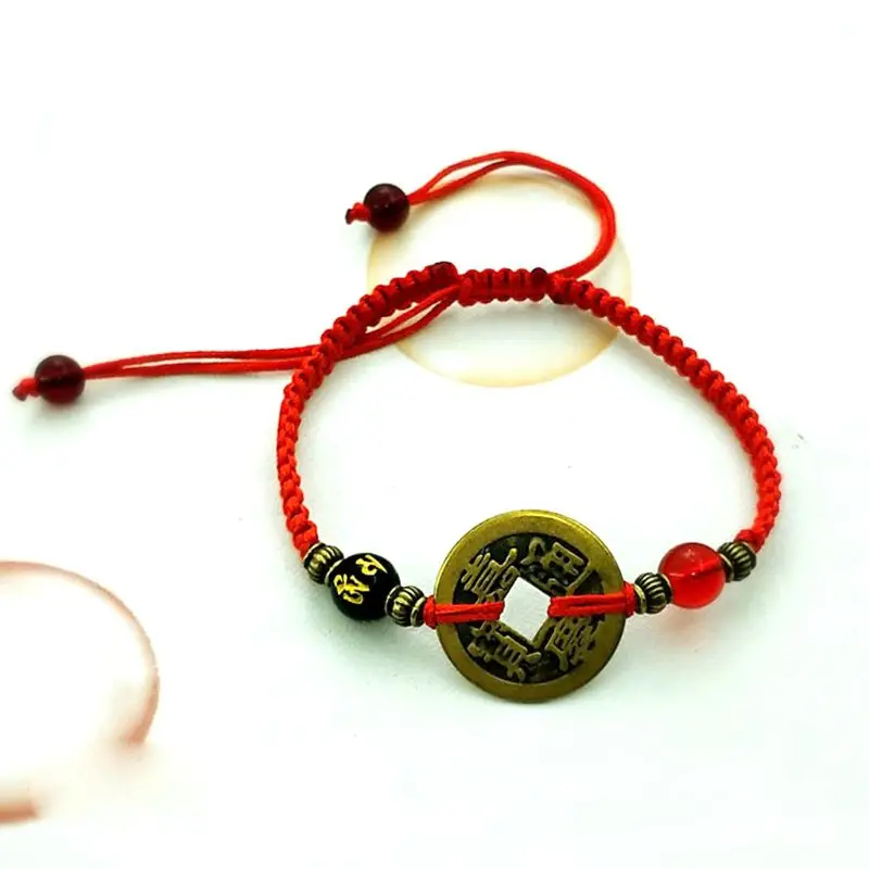 

Buddhism Six Words Ancient Coin Kabbalah Red String Bracelet Evil Eye Protection