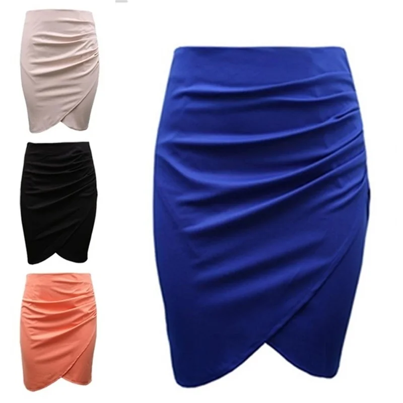 

Irregular Hem Skirts Women Summer Solid Color Asymmetrical Wrap Front Stretchy Bodycon Pencil Skirt OL Office Lay Work Wear New