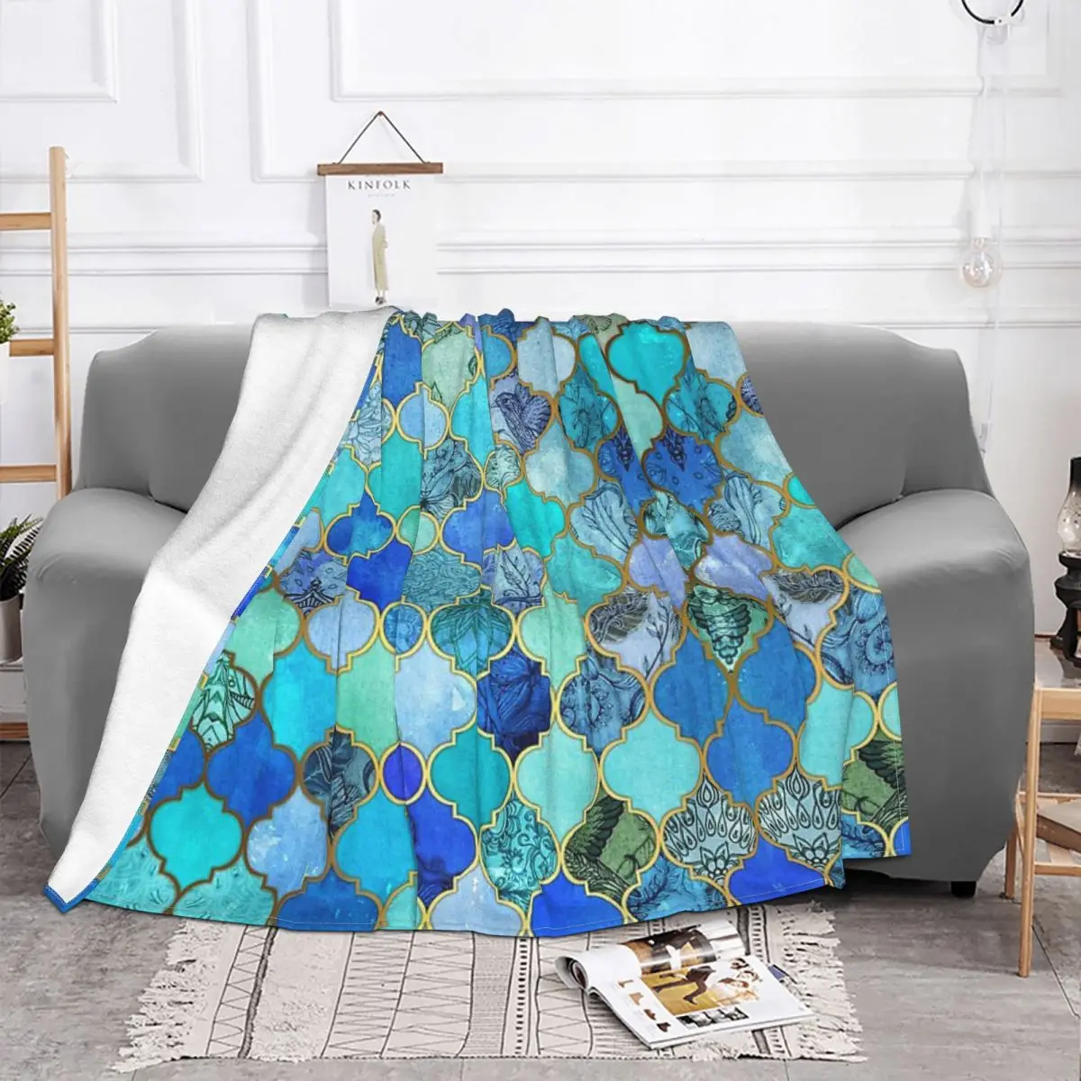 Cobalt Blue Aqua Gold Decorative Moroccan Tile Pattern Throw Blanket Pompompurin Bed Cover 240 Love Throws | Дом и сад