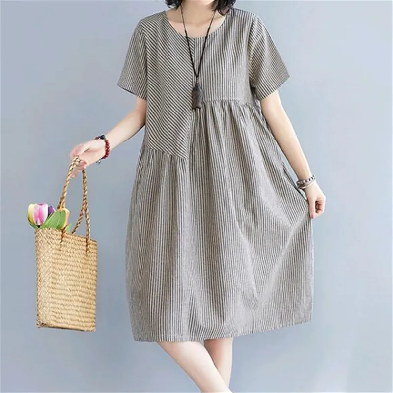 

Striped cotton and linen striped dress summer long long loose short sleeve round neck linen A-line dress large pockets