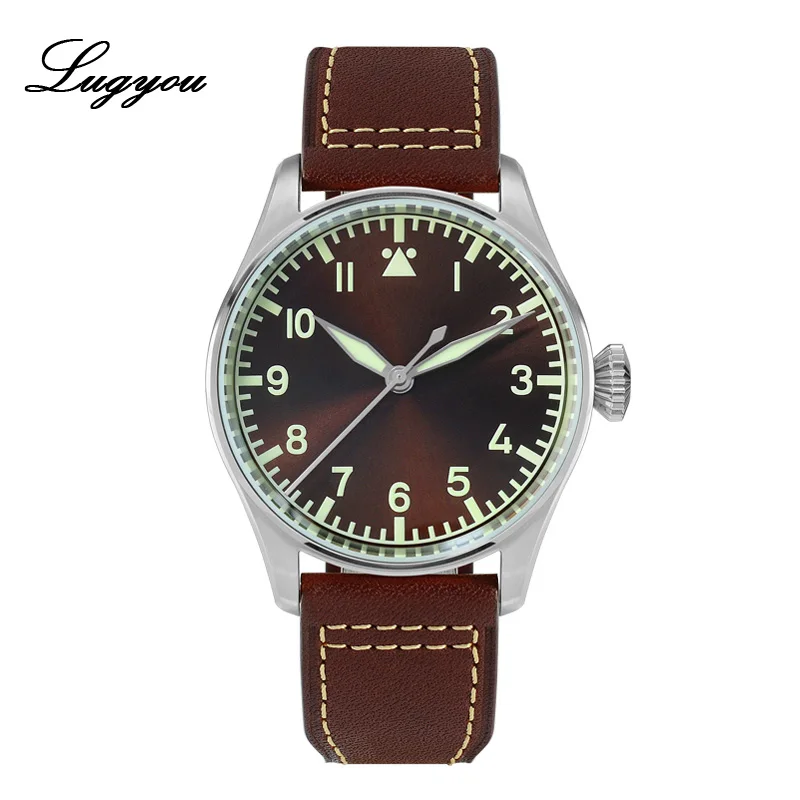 Brown SW200 Lugyou Сан Мартин пилот Flieger механические мужские часы из нержавеющей стали супер светящийся сапфировый Кристалл Скелет Задняя Кожа Ремешок - Цвет: Brown SW200