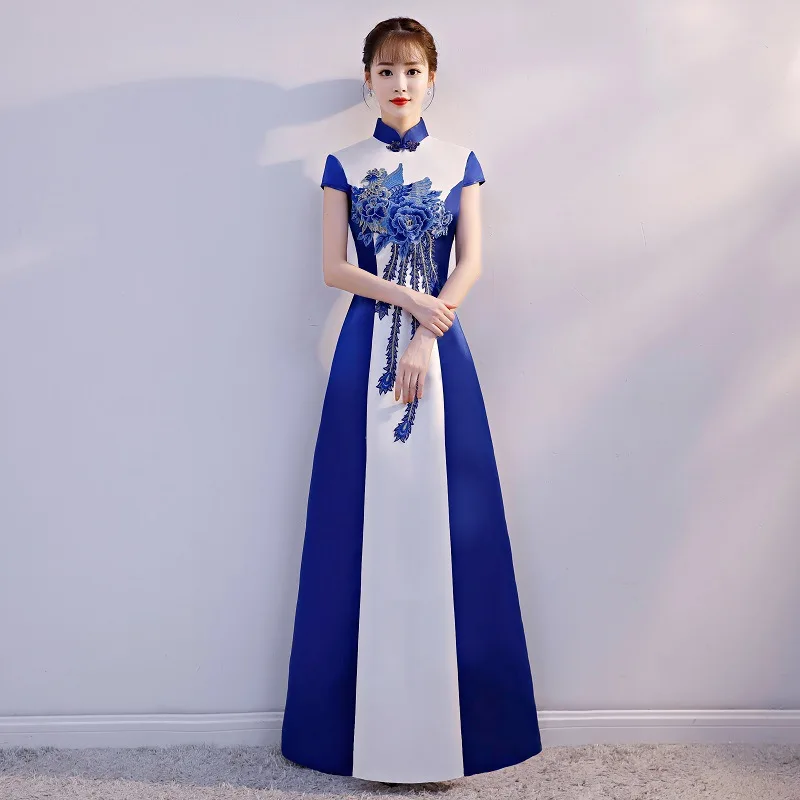 sexy Standing collar Blue and white porcelain improved cheongsam Embroidery Chinese evening dress Vestidos Size S-XXL | Тематическая
