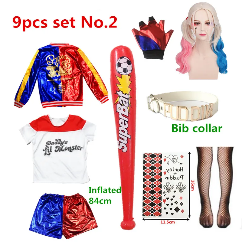 Kids Girls Cosplay Harleen Quinzel Costumes  Monster T-shirts  Joker Jacket Wig Baseball Bat images - 6