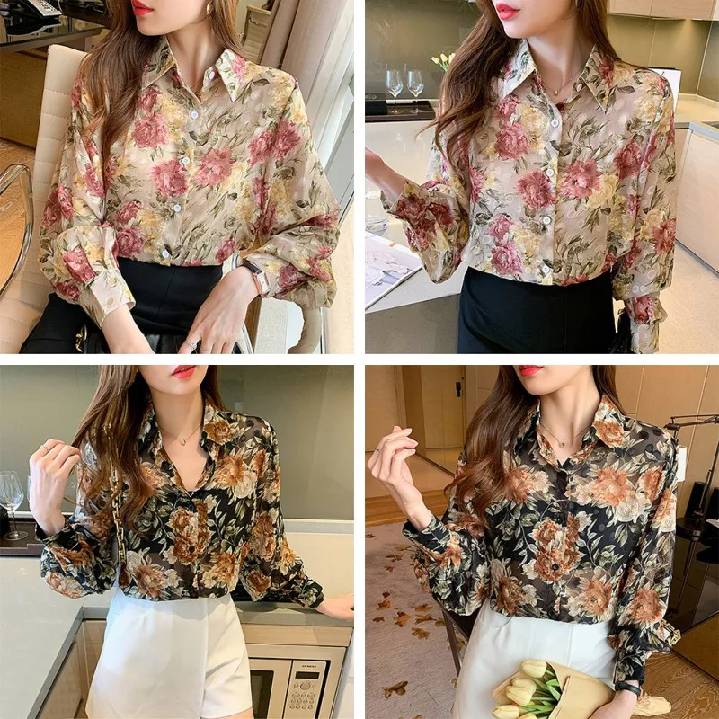 

ETOSELL Women Lantern Sleeve Temperament Sunscreen for Women Summer Lapel Long-sleeve Floral Print Shirt Tops