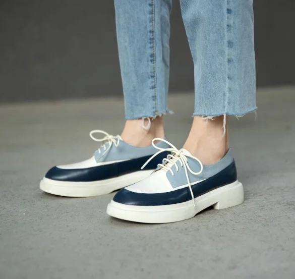 

2021 Spring and Autumn Korean women's thick soled shoes PQ2-28C flat heel flat flat with round head lacing deep toe single shoes