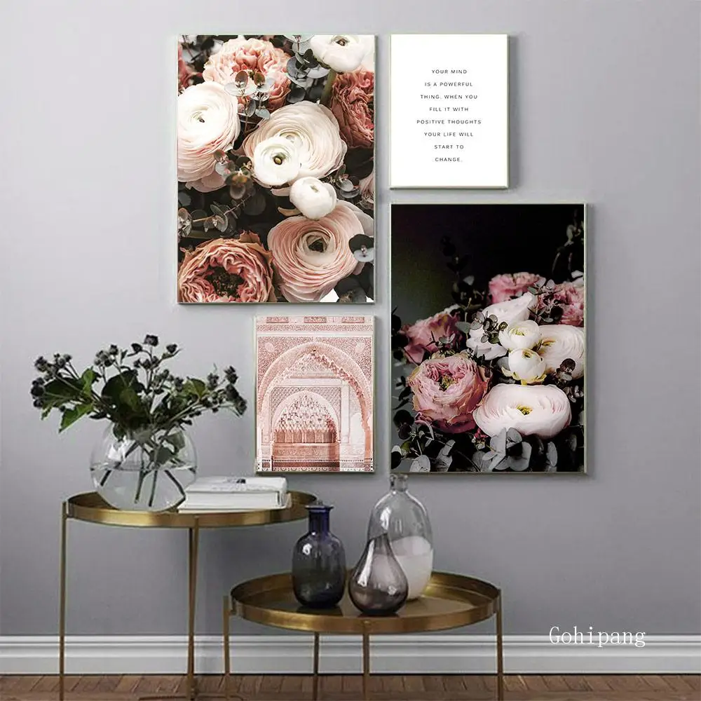 

Nordic Pink Rose Poster Quotes Canvas Posters and Flower Paintings Building Posters Wall Pictures for Girl Bedroom Decoration