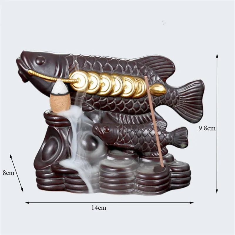 Ceramic Money Fish Incense Backflow Burner Smoke Waterfall Aroma Censer Stick Holder Home Decor + 10pcs Cones | Дом и сад
