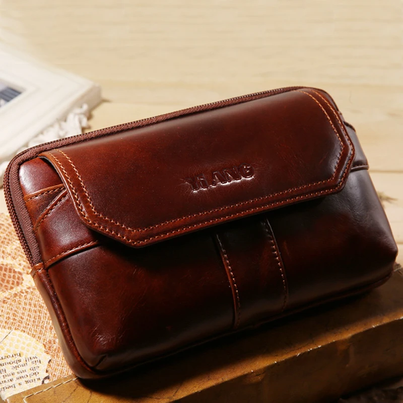 Мужская поясная сумка YIANG маленькая из воловьей кожи с эффектом воска для