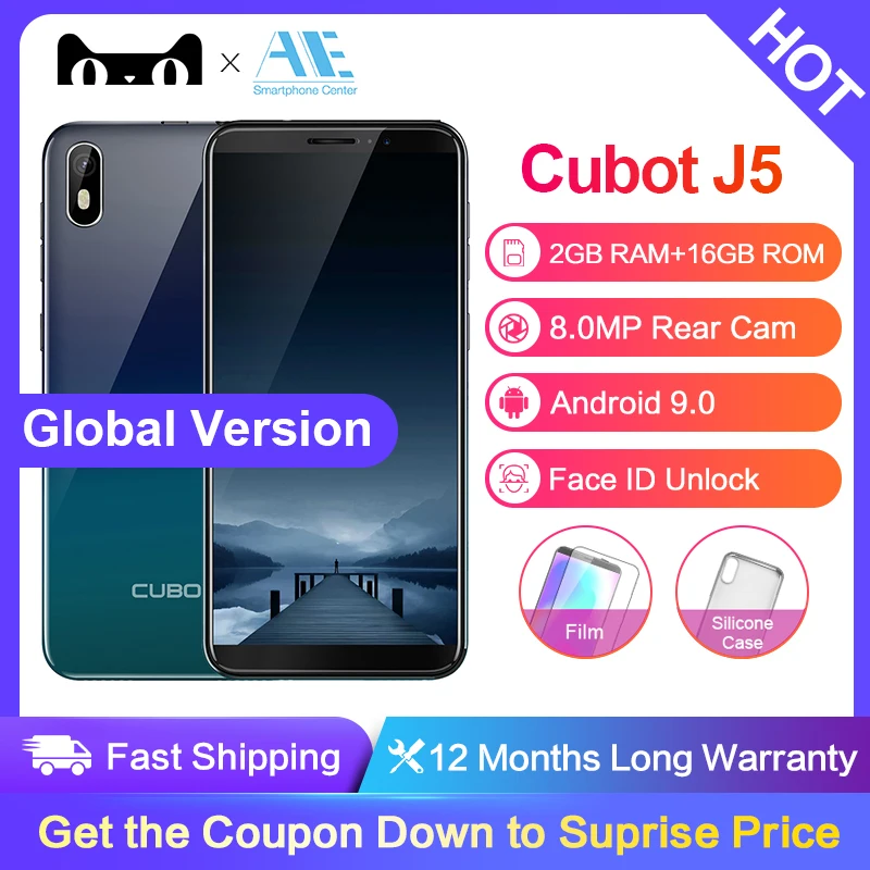 Cubot J5 смартфон с 5 дюймовым дисплеем четырёхъядерным процессором MT6580 ОЗУ 2 Гб ПЗУ 16